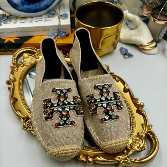 🆕 TORY BURCH 🧿 NWOT Ines Linen & Leather Bejewelled Espadrilles - Size 8 - Picture 3 of 10